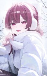  1girl absurdres bare_tree black_pantyhose blunt_bangs blush bow breasts breath coat earmuffs enpera fang fur_trim hair_bow highres jacket jururu korean_commentary long_hair long_sleeves looking_at_viewer open_mouth outdoors pantyhose purple_hair red_hair scarf sei_(0724sei6) smile snow snowing solo tree upper_body violet_eyes virtual_youtuber waktaverse white_bow white_coat white_jacket white_scarf winter winter_clothes 