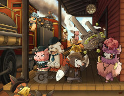  alternate_color analog_clock aromatisse artist_name bag bandana bandana_over_mouth belt black_belt black_hat black_jacket blue_hat blue_neckerchief blue_necktie blue_sky bowler_hat briefcase brown_hat brown_vest buneary charmander clock closed_mouth clothed_pokemon commentary cowboy_hat day dress drilbur elbow_gloves english_commentary fangs galarian_weezing gloves hat hisuian_growlithe holding holding_bag holding_briefcase jacket jewelry locomotive monocle neckerchief necklace necktie nickit nostrils open_clothes open_mouth open_vest orange_vest outdoors pokemon pokemon_(creature) pokemon_focus red_neckerchief rolycoly roman_numeral salandit shiny_and_normal shiny_pokemon shirt signature skull_and_crossbones sky smile smoke snubbull steam steam_locomotive thecalendork train train_conductor train_station tteth vest watermark waving white_shirt yellow_bandana yellow_dress yellow_eyes yellow_gloves 