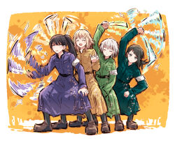  4girls :d ^_^ alternate_costume aqua_dress armband bang_dream! bang_dream!_it's_mygo!!!!! black_hair black_socks blonde_hair border breast_pocket brown_shoes closed_eyes coat_dress commentary dress full_body glowstick green_dress hand_on_own_knee highres holding holding_glowstick kaname_raana legs_apart long_dress long_hair love_live! love_live!_nijigasaki_high_school_idol_club medium_hair misumi_uika mole mole_under_eye multiple_girls open_mouth orange_background penlight_(glowstick) pocket ponytail purple_dress ryouran!_victory_road_(love_live!) shiina_taki shoes short_hair smile socks standing swinging_object v-shaped_eyebrows white_armband white_border white_hair yahata_umiri yellow_dress yukitake_(bullfalk) 