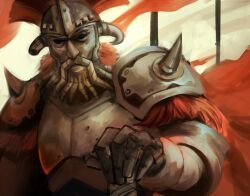  1boy armor caesar's_legion cape corvux fake_beard fake_facial_hair fake_horns fallout fallout:_new_vegas helmet holding horned_helmet horns legate_lanius male_focus mask pauldrons planted planted_sword plume red_cape shoulder_armor solo spikes sword upper_body weapon 