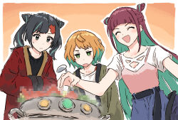  3girls :/ :d ^_^ arched_bangs bad_food belt black_belt black_hair black_shirt blue_pants border breasts bright_pupils camisole camisole_over_clothes censored censored_food closed_eyes closed_mouth collarbone colored_inner_hair colored_tips commentary_request cone_hair_bun diagonal_bangs double_bun frown gradient_background green_hair green_happi hair_bun hakuto_chihori happi happi_removed holding holding_ladle hotpot ishiya_mone japanese_clothes jitome ladle long_belt long_hair long_sleeves looking_at_food medium_breasts multicolored_hair multiple_girls open_mouth orange_background orange_hair outline outside_border pants pink_camisole purple_happi red_hair red_happi rokkatei_yuina shirt short_hair short_sleeves sidelocks smile strap streaked_hair sweatdrop t-shirt teppen!!!_(manga) two-tone_hair v-shaped_eyebrows very_long_hair white_border white_outline white_shirt yukitake_(bullfalk) 