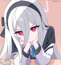  >:( 1girl absurdres black_bow black_hairband blue_archive blue_necktie bow bright_pupils closed_mouth collared_shirt commentary_request double-parted_bangs elbows_on_table eyes_visible_through_hair frown hair_between_eyes hair_bow hairband half_updo halo hands_on_own_cheeks hands_on_own_face hands_up highres ho4mi jacket kei_(blue_archive) kei_(new_body)_(blue_archive) long_hair long_hair_between_eyes long_sleeves looking_at_viewer necktie open_clothes open_jacket pink_background pink_halo rectangular_halo red_eyes ringed_eyes shirt sidelighting simple_background solo straight_hair tsurime twitter_username upturned_eyes v-shaped_eyebrows white_hair white_jacket white_pupils white_shirt 