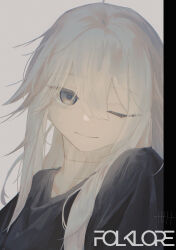  1girl absurdres black_shirt closed_mouth commentary_request english_text grey_eyes hair_between_eyes highres kani_etizen03 light_smile long_hair looking_at_viewer one_eye_closed original pale_skin portrait scar scar_on_neck shirt simple_background solo white_hair 