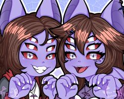  animal_ears arthropod_girl bat_boy bat_ears brown_hair claw_pose colored_sclera colored_skin dante_will dante_will_(bat) dante_will_(spider) extra_eyes fingernails hair_ornament hairclip highres holding indie_virtual_youtuber jacket long_hair long_sleeves maxthebuttercat monster_girl portuguese_commentary purple_skin red_sclera sharp_fingernails shirt smile spider_girl wings 