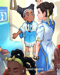  bald bangle black_hair bracelet brown_hair bus_interior chinese_clothes chun-li dark-skinned_female dark_skin dhalsim double_bun hair_bun hand_grip highres holding_hand_grip jewelry lily_hawk multiple_girls necklace quasimodox smile street_fighter street_fighter_6 street_fighter_ii_(series) sweat 