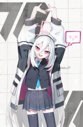  1girl absurdres black_jacket black_skirt black_thighhighs blazer blue_archive blue_necktie blush commentary cowboy_shot double-parted_bangs fingernails hair_between_eyes halo head_tilt highres jacket jjigong_chigon kei_(blue_archive) kei_(new_body)_(blue_archive) long_hair_between_eyes looking_at_viewer millennium_science_school_logo necktie pink_eyes pleated_skirt shirt skindentation skirt smile solo spoken_expression stretching teeth thigh-highs twitter_username two-sided_fabric two-sided_jacket upper_teeth_only white_hair white_jacket white_shirt 