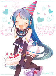  1girl birthday_cake black_gloves black_sailor_collar black_thighhighs blue_hair blush cake closed_eyes dated elbow_gloves food food_on_face gift_art gloves gradient_hair happy_birthday hat heart holding holding_plate kantai_collection long_hair multicolored_hair natsumi_(natumi06) neckerchief open_mouth party_hat plate sailor_collar samidare_(kancolle) school_uniform serafuku skirt sleeveless slippers solo thigh-highs twitter_username very_long_hair white_skirt 