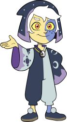  1boy absurdres blue_pajamas blue_skin child colored_sclera colored_skin concept_art dana_terrace full_body hat highres jewelry long_sleeves male_focus moon_print necklace official_art open_hand orange_eyes outstretched_arm pajamas slippers smile solo standing star_(symbol) star_print sun_print the_collector_(the_owl_house) the_owl_house white_background white_hair wide_sleeves yellow_sclera yellow_skin 