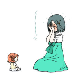  1girl braid bun_with_braided_base character_doll commentary_request doll embarrassed fang flying_sweatdrops green_skirt hair_bun high-waist_skirt link!_like!_love_live! looking_at_doll love_live! love_live!_nijigasaki_high_school_idol_club mifune_shioriko miniskirt nijigasaki_school_uniform open_mouth orange_hair pleated_skirt puffy_short_sleeves puffy_sleeves red_eyes school_uniform seiza shinanoya_(satanicad) shirt short_hair short_sleeves simple_background single_side_bun sitting skin_fang skirt solo summer_uniform sweater_vest uehara_ayumu virtual_youtuber white_background white_shirt white_skirt yellow_sweater_vest 