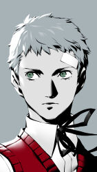  1boy absurdres bandaid bandaid_on_face bandaid_on_head closed_mouth collared_shirt grey_background grey_eyes grey_theme highres male_focus official_art persona persona_3 persona_3_reload red_vest sanada_akihiko second-party_source shimada_azusa shirt short_hair simple_background solo vest white_shirt 
