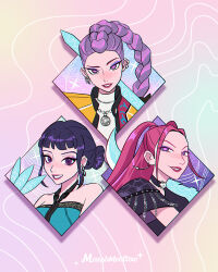  3girls black_hair blunt_bangs braid braided_ponytail brown_eyes double_bun earrings hair_bun holding huntrix jewelry kpop_demon_hunters long_hair looking_at_viewer marshmeollow mira_(kpop_demon_hunters) multiple_girls pink_hair purple_hair purple_sweater_vest rumi_(kpop_demon_hunters) short_bangs sidelocks smile sweater_vest zoey_(kpop_demon_hunters) 