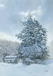  abe_toshiyuki bare_tree clouds commentary_request day forest highres house nature no_humans original outdoors overcast painting_(medium) scenery signature sky snow traditional_media tree watercolor_(medium) winter 