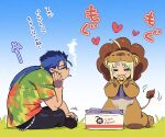 1boy 1girl ahoge animal_costume artoria_pendragon_(fate) black_pants blonde_hair blue_hair blush box carnival_phantasm cigarette closed_eyes cu_chulainn_(fate) donation_box doughnut fate/stay_night fate_(series) food hal_(haaaalhal) heart indian_style kneeling lion_costume on_grass outdoors pants pon_de_ring saber saber_lion signature sitting smoke smoking sweatdrop tail tail_wagging