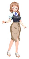  1girl black_camisole blue_ribbon blush braid breasts brown_eyes brown_hair brown_skirt camisole casual full_body game_cg glasses hair_over_shoulder kamitsurugi_ouka kouyoku_senki_exs-tia_concert kunijima_chiaki large_variant_set long_hair long_skirt looking_at_viewer neck_ribbon non-web_source official_art open_mouth pencil_skirt ribbon sandals shirt short_sleeves single_braid skirt solo standing tachi-e transparent_background variant_set watch watch white_shirt 