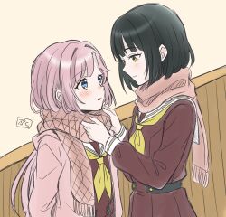  2girls adjusting_another's_clothes adjusting_scarf anyoji_hime black_hair blue_eyes blunt_bangs bob_cut brown_dress brown_scarf commentary_request cowboy_shot dress enpera eye_contact green_eyes hasu_no_sora_school_uniform highres hood hood_down hooded_jacket indoors jacket link!_like!_love_live! long_hair long_sleeves looking_at_another love_live! momose_ginko multiple_girls neckerchief open_clothes open_jacket open_mouth parted_lips pink_hair pink_jacket pukupuku_(puku_shiohime) sailor_collar sailor_dress scarf school_uniform short_hair virtual_youtuber white_sailor_collar winter_uniform yellow_neckerchief yuri 