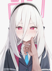  1girl :/ absurdres blazer blue_archive blue_necktie collared_shirt furrowed_brow hair_between_eyes halo hand_on_another's_face highres jacket kei_(blue_archive) lizard0221 long_hair looking_at_viewer necktie pink_halo pov red_eyes shirt simple_background upper_body white_background white_hair white_sleeves 