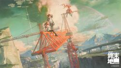  3girls angelina_(arknights) animal_ear_fluff animal_ears arknights arknights:_endfield bird_ears bird_girl black_boots black_hair black_jacket black_pantyhose black_thighhighs boots breasts brown_hair chinese_commentary clouds coat commentary_request copyright_logo copyright_name crane_(machine) creamyghost cumulonimbus_cloud dangling day dress dutch_angle endministrator_(arknights) eye_mask female_endministrator_(arknights) floating_clothes floating_hair fold-over_boots fox_ears fox_girl gilberta_(arknights) grey_dress headpiece high_collar high_up highres hill jacket logo long_hair long_sleeves looking_to_the_side mask medium_breasts medium_hair multiple_girls open_clothes open_coat open_jacket outdoors pantyhose perlica_(arknights) planet red_coat scenery shading_eyes short_dress sitting staff_riding standing sweater thigh-highs twintails white_dress white_jacket white_sweater wide_sleeves zettai_ryouiki 