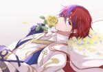  1boy alear_(fire_emblem) alear_(male)_(fire_emblem) blue_eyes blue_gloves blue_hair cape crossed_bangs fire_emblem fire_emblem_engage flower gloves hair_between_eyes heterochromia holding holding_flower looking_at_viewer male_focus multicolored_hair red_eyes redhead rose short_hair split-color_hair two-tone_hair white_background yutohiroya 