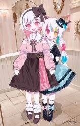  2girls absurdres black_capelet black_hairband black_skirt blue_skirt book_off capelet collared_shirt commentary_request double_bun frilled_shirt frilled_skirt frills full_body hair_bun hair_ornament hairband hat heterochromia highres indoors jogasaki_noah long_hair long_sleeves looking_at_viewer mahou_shoujo_no_majo_saiban mini_hat mini_top_hat mirror multi-tied_hair multicolored_hair multiple_girls neck_ribbon official_alternate_costume official_alternate_hairstyle open_mouth picture_frame pink_eyes pink_hair pink_shirt ribbon sakuraba_ema shirt short_hair skirt skirt_hold smile socks standing streaked_hair top_hat wakame_yogurt white_hair white_socks x_hair_ornament yellow_eyes 