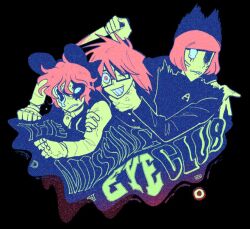  3boys anger_vein animal_ear_headwear black_background color_contrast crazy_smile distortion drawn_whiskers dripping english_text film_grain glasses gloves grabbing_another's_arm grimace hashtag-only_commentary holding holding_knife knife limited_palette missing_eye multiple_boys neck_grab nyen_(randal's_friends) one-eyed present_day_problem_takeuchi_robert randal's_friends randal_ivory saturated scarlet_ninjya short_hair smile sweat upper_body warped_text 