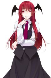  1girl black_skirt black_vest buttons collared_shirt commentary_request cowboy_shot crote demon_wings half-closed_eyes hand_on_own_chin hand_on_own_face hand_to_own_mouth hand_up head_wings highres koakuma large_variant_set long_hair long_skirt long_sleeves looking_at_viewer necktie parted_lips pointy_ears raised_eyebrows red_eyes red_hair red_necktie shirt skirt skirt_set sleeve_cuffs smile solo tachi-e touhou transparent_background variant_set vest white_shirt wings 