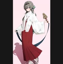  13_(jjusan13) 1girl absurdres bell black_hairband blue_pupils blue_ribbon blush firefly_(honkai:_star_rail) gradient_hair grey_hair hair_between_eyes hair_intakes hair_ornament hair_ribbon hairband hakama hakama_skirt highres holding holding_bell honkai:_star_rail honkai_(series) japanese_clothes long_hair miko multicolored_eyes multicolored_hair red_hakama ribbon skirt slippers socks solo white_socks 