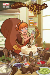  1girl :d acorn acorn_earrings animal animal_ear_hairband animal_ears baking belt black_eyes brown_jacket brown_leggings buck_teeth cake character_name comic_cover company_name copyright_logo copyright_name cropped_jacket eating english_text fake_animal_ears food food_on_face fruit grapes gurihiru hairband holding holding_pastry_bag icing indoors jacket kitchen kiwi_(fruit) kiwi_slice leggings leotard logo looking_at_food marvel mixing mixing_bowl official_art orange_(fruit) orange_hair orange_leotard orange_slice oven pastry_bag plate rolling_pin short_hair smile squirrel squirrel_ears squirrel_girl_(marvel) squirrel_tail strawberry strawberry_slice tail teeth tippy-toe utility_belt whisk 