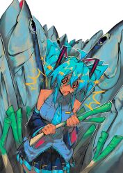  1girl @_@ absurdres black_skirt black_sleeves blue_hair blue_necktie breasts commentary detached_sleeves fish food grey_shirt hatsune_miku highres holding holding_food holding_spring_onion holding_vegetable medium_breasts necktie open_mouth pleated_skirt sainttufa shirt simple_background skirt sleeveless sleeveless_shirt spring_onion twintails vegetable vocaloid white_background 