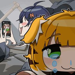  2girls :3 ahoge animal_ears animated animated_gif belle_(zenless_zone_zero) blue_hair blush closed_mouth colored_inner_hair commentary_request crying crying_with_eyes_open from_side green_eyes hair_ornament head_on_pillow heart holding holding_phone imaweedman01 indoors ju_fufu korean_commentary letter_hair_ornament looking_at_phone looking_at_viewer lying multicolored_hair multiple_girls on_back open_mouth phone pillow short_hair snot striped_fur striped_hair tears tiger_ears tiger_girl tiger_stripes zenless_zone_zero zhao_(zenless_zone_zero) 