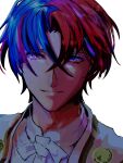  1boy alear_(fire_emblem) alear_(male)_(fire_emblem) blue_eyes blue_hair crossed_bangs fire_emblem fire_emblem_engage hair_between_eyes heterochromia highres looking_at_viewer male_focus multicolored_hair portrait red_eyes redhead short_hair smile solo split-color_hair syn_deli two-tone_hair white_background 