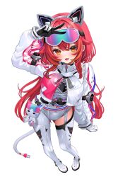  1girl asymmetrical_legwear black_gloves bodysuit boots commentary_request eyewear_on_head fang from_above full_body gloves highres long_sleeves looking_at_viewer mismatched_legwear multicolored_gloves nekota_tsuna ohagetty open_mouth orange_eyes red_hair simple_background smile solo standing tail thigh_boots two-sided_gloves two-tone_gloves v virtual_youtuber vspo! white_background white_bodysuit white_boots white_gloves 