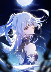  1girl absurdres blue_hair blue_ribbon breasts chain closed_mouth clothing_cutout collar commentary_request detached_sleeves dress earrings flower hair_ornament highres honkai:_star_rail honkai_(series) jewelry jingliu_(honkai:_star_rail) long_hair moonlight red_eyes ribbon single_earring taiqinglanlanlan very_long_hair white_hair 