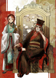  2boys alternate_costume black_coat black_hair black_hanfu black_hat black_shoes branch brown_hair chair changpao chinese_clothes closed_mouth coat commentary_request crossed_legs earrings floral_print flower full_body gem green_gem green_hanfu guan_hat hand_on_own_cheek hand_on_own_face hands_in_opposite_sleeves hanfu hashimoto_(yanagi-momo) hat head_rest holding holding_sword holding_weapon implied_yaoi jewelry kamado_tanjirou kimetsu_no_yaiba long_hair long_sleeves looking_at_viewer male_focus mandarin_collar mian_guan multicolored_hair multiple_boys open_clothes open_coat open_mouth red_eyes red_hair red_sash rengoku_kyoujurou robe sash scar scar_on_face scar_on_forehead sheath sheathed shoes short_hair sitting sitting_on_throne smile standing sword throne two-tone_hair two-tone_hanfu weapon white_flower white_hanfu wide_sleeves yellow_eyes yellow_sash 