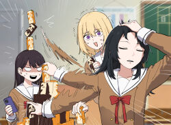  3girls bang_dream! bang_dream!_it's_mygo!!!!! black_hair blonde_hair breasts cellphone classroom closed_eyes commentary_request hanasakigawa_school_uniform highres juice long_hair medium_breasts meme misumi_uika multiple_girls naoya_hitting_choso_without_looking_(meme) orange_juice phone rankaku school_uniform shiina_taki sweatdrop violet_eyes yahata_umiri 