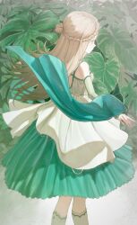  1girl absurdres back_cutout blonde_hair braid braided_bun breasts closed_mouth clothing_cutout colored_eyelashes commentary_request crane666 crown_braid detached_sleeves dress feet_out_of_frame flipped_hair from_side gakuen_idolmaster green_dress green_sleeves hair_bun halter_dress halterneck highres idolmaster koukei_(idolmaster) layered_dress long_hair looking_ahead orange_eyes outstretched_arms plant profile shinosawa_hiro single_hair_bun small_breasts solo spread_arms standing white_dress 