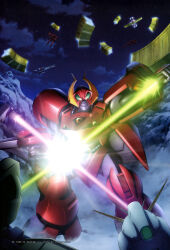  1990s_(style) absurdres angel_halo_(gundam) artist_request battle beam_cannon clouds cloudy_sky crossed_swords duel earth_federation energy_beam energy_sword fleet flying glowing gottrlatan gun_blastor gundam gundam_perfect_file highres magazine_scan mecha mecha_focus military_vehicle mobile_suit mountain night painting_(medium) realistic retro_artstyle rig_contio robot scan scene_reference science_fiction sky space_habitat spacecraft star_(sky) sword traditional_media v-fin v_gundam victory_gundam weapon zanscare 
