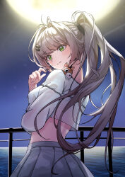  1girl absurdres animal_on_shoulder blush breasts brown_hair closed_mouth crop_top cropped_shirt full_moon green_eyes grey_hair grey_skirt hair_intakes hair_ornament hairclip highres hwaryong korean_commentary long_hair long_sleeves looking_at_viewer looking_back medium_breasts midriff moon moonlight night ocean outdoors pleated_skirt ponytail railing shirt skirt sky smile solo viichan virtual_youtuber waktaverse water white_shirt 