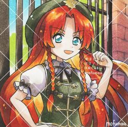  1girl artist_name beret blue_eyes bow braid collared_shirt commentary dated gate green_bow green_hat green_vest hat hat_ornament hong_meiling long_hair maa_(forsythia1729) open_mouth puffy_short_sleeves puffy_sleeves red_hair shirt short_sleeves sleeve_bow smile solo star_(symbol) star_hat_ornament touhou traditional_media twin_braids upper_body very_long_hair vest watermark watermark_grid white_shirt 