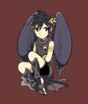  1boy angel angel_wings armlet black_hair black_scarf brown_background commentary_request dark_pit full_body kid_icarus kid_icarus_uprising laiku_n laurel_crown looking_to_the_side male_focus red_eyes scarf solo v-shaped_eyebrows wings 