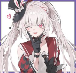  1girl ;d animal_ears bow braid choker clothing_cutout commentary dress facial_mark finger_to_mouth gloves hat heart highres honkai:_star_rail honkai_(series) long_hair one_eye_closed pink_eyes rabbit_ears red_eyes red_streaks shoulder_cutout shushing side_braid simple_background smile sparkle_(honkai:_star_rail) sparxie_(honkai:_star_rail) twintails white_hair younomiti 