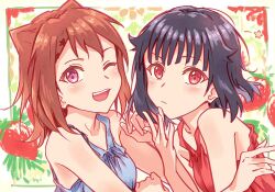  2girls ;d bang_dream! bang_dream!_girls_band_party! bare_shoulders black_hair blue_shirt blush brown_hair closed_mouth commentary cone_hair_bun double_bun green_background hair_bun hair_ornament looking_at_viewer medium_hair multiple_girls one_eye_closed open_mouth red_eyes red_shirt shirt sleeveless sleeveless_shirt smile star_(symbol) star_hair_ornament strawberry_background teeth toyama_kasumi upper_body upper_teeth_only ushigome_rimi violet_eyes yukitake_(bullfalk) 