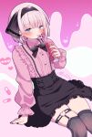  1girl black_bow black_bowtie black_skirt blue_eyes bob_cut bow bowtie drinking frilled_shirt frilled_skirt frilled_sleeves frills highres hitodama konpaku_youmu konpaku_youmu_(ghost) otowa_(otoha4634) pink_background pink_shirt shirt short_hair skirt solo thigh-highs touhou white_hair 