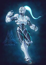  1girl arm_up armor artist_logo artist_name black_armor blue_background blue_light clenched_teeth commentary energy_hair english_commentary full_armor full_body glowing glowing_lines grey_armor grin highres jenosa_arma logo long_hair multicolored_armor munch_k ponytail power_armor power_suit redesign science_fiction scurge:_hive smile solo teeth two-tone_armor 