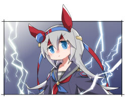  1girl animal_ears beer_hsk black_sailor_collar black_shirt blue_eyes blue_hairband blush closed_mouth commentary_request grey_hair hair_between_eyes hairband headband horse_ears lightning lightning_bolt_symbol red_headband sailor_collar school_uniform serafuku shirt solo tamamo_cross_(umamusume) umamusume upper_body v-shaped_eyebrows 