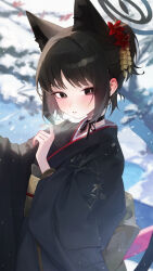  1girl animal_ear_fluff animal_ears black_choker black_eyes black_hair black_halo black_kimono blue_archive blue_halo breath cat_ears cat_girl cat_tail choker flower from_side furisode gradient_halo hair_flower hair_ornament halo hand_up highres japanese_clothes kikyou_(blue_archive) kimono looking_at_viewer looking_to_the_side multicolored_halo multiple_tails obi parted_lips print_kimono ribbon_choker s0104y sash slit_pupils snowing solo tail updo upper_body 