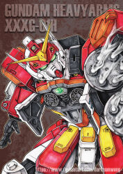  artificial_eye artist_name barrel_gatling_gun character_name chest_gatling_gun chest_jewel darksonwong gatling_gun glowing glowing_eyes green_eyes gun gundam gundam_heavyarms gundam_heavyarms_custom gundam_wing highres holding holding_gun holding_knife holding_weapon humanoid_robot knife looking_at_viewer machine machine_gun mecha mechanical_eye mechanical_hands mechanical_legs mobile_suit model_number robot v-fin weapon web_address 