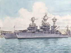  atelier_bono battleship blue_sky casemate clouds commentary_request hawaii highres mast military_vehicle ocean original outdoors painting_(medium) pearl_harbor ship ship_turret sky smokestack traditional_media united_states_navy uss_arizona_(bb-39) uss_tennessee_(bb-43) uss_west_virginia_(bb-48) vehicle_focus warship watercolor_(medium) watercraft 