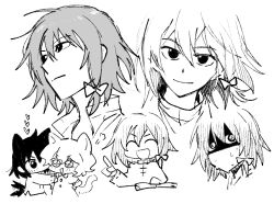  2girls :d animal_ears arm_rest blonde_hair bow brown_hair buttons cat_ears cat_girl cat_tail chinese_clothes closed_mouth collared_dress collared_shirt commentary dress hair_bow hands_on_own_hips heart hug index_finger_raised kemonomimi_mode long_sleeves looking_at_another maribel_hearn multiple_girls no_headwear re_ghotion retrospective_53_minutes shirt short_hair short_sleeves sketch smile sweat tail tail_wagging touhou usami_renko white_background white_shirt 