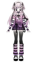  1girl aegyo_sal arm_tattoo arm_warmers arms_at_sides bandaid bandaid_on_cheek bandaid_on_face bandaid_on_neck belt black_arm_warmers black_belt black_bow black_bowtie black_collar black_hair black_hairband black_nails black_ribbon black_shoes black_thighhighs black_trim black_wings bow bowtie closed_mouth collar collarbone colored_inner_hair commentary cross-laced_clothes cross-laced_hoodie cross-laced_top demon_wings dot_nose expressionless eyepatch fishnet_thighhighs fishnets frilled_hood frills full_body garter_straps gauze gauze_on_cheek gauze_on_neck hair_ornament hair_over_one_eye hair_ribbon hairband hairclip heart heart_eyepatch heart_hair_ornament heart_print heart_tattoo highres hood hoodie kneehighs kuromi long_hair loose_socks low_wings mini_wings miniskirt mole mole_under_eye multicolored_hair my_melody_(series) nail_polish one_eye_covered onegai_my_melody original pale_skin pink_hair pink_hoodie plaid_clothes plaid_skirt platform_shoes pleated_skirt purple_arm_warmers purple_skirt raised_eyebrows ribbon ribbon-trimmed_socks ribbon_trim sanrio shoelaces shoes short_sleeves sidelocks simple_background skirt socks solo standing straight-on streaked_hair striped_arm_warmers studded_belt studded_collar tattoo thigh-highs touyu_1210 tsurime two-tone_hair two_side_up very_long_hair violet_eyes white_arm_warmers white_background white_wings wings x_hair_ornament zettai_ryouiki 