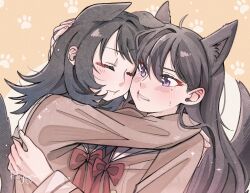  2girls animal_ears bang_dream! bang_dream!_it's_mygo!!!!! black_hair bow bowtie chinese_commentary closed_mouth commentary_request hair_between_eyes hanasakigawa_school_uniform headpat highres kemonomimi_mode long_hair long_sleeves medium_hair mole mole_under_eye multiple_girls red_bow red_bowtie school_uniform shiina_taki tail violet_eyes wolf_ears wolf_girl wolf_tail yahata_umiri yoyoray20001996 yuri 